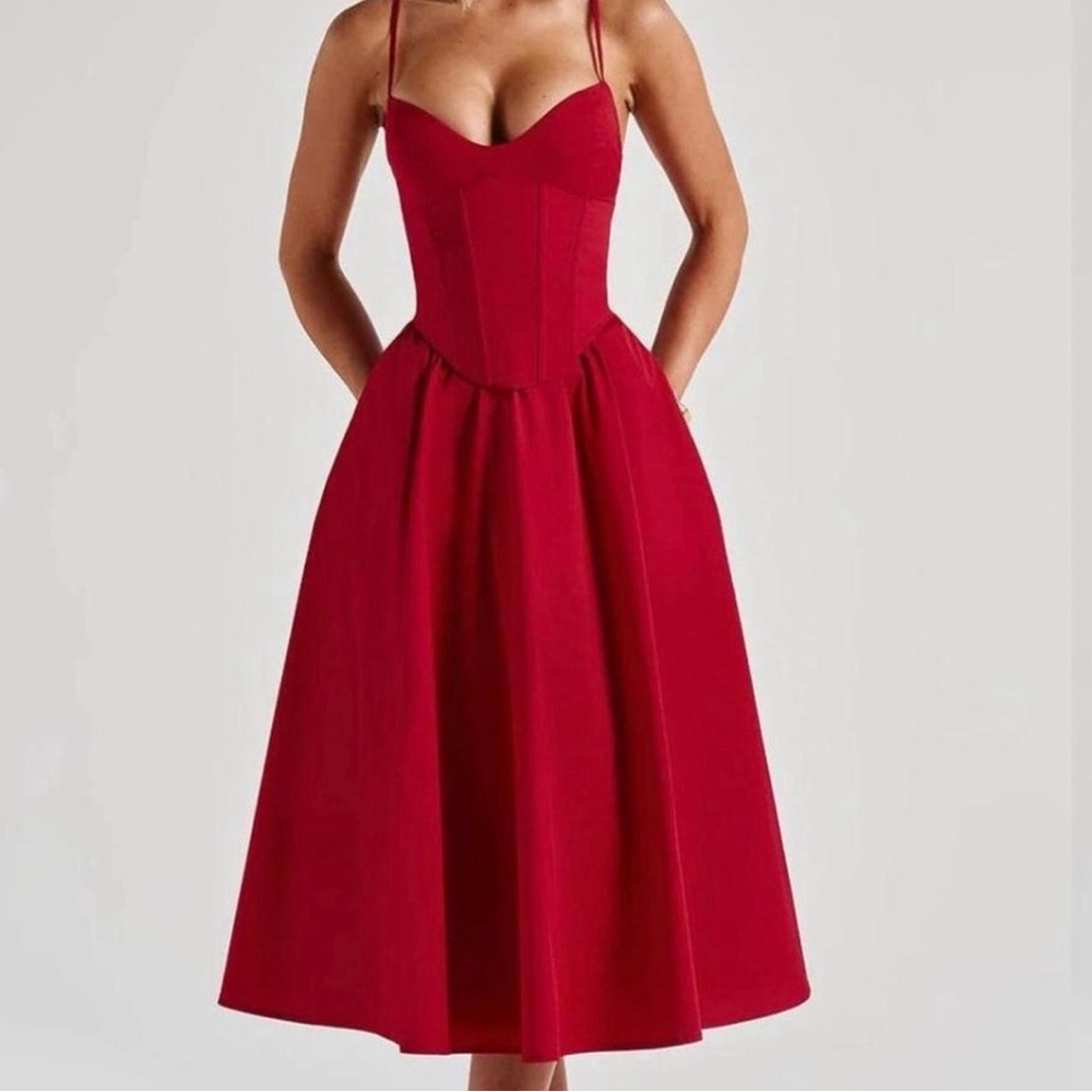 Baby boo red corset midi dress with boning zipper back Mariela mid dress - small